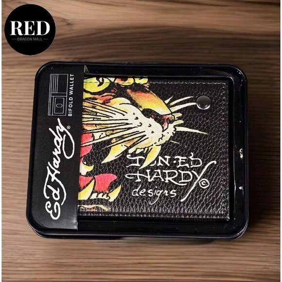 ED HARDY TIGER BLACK BIFOLD WALLET WITH METAL BOX - NEW - Picture 5 of 9